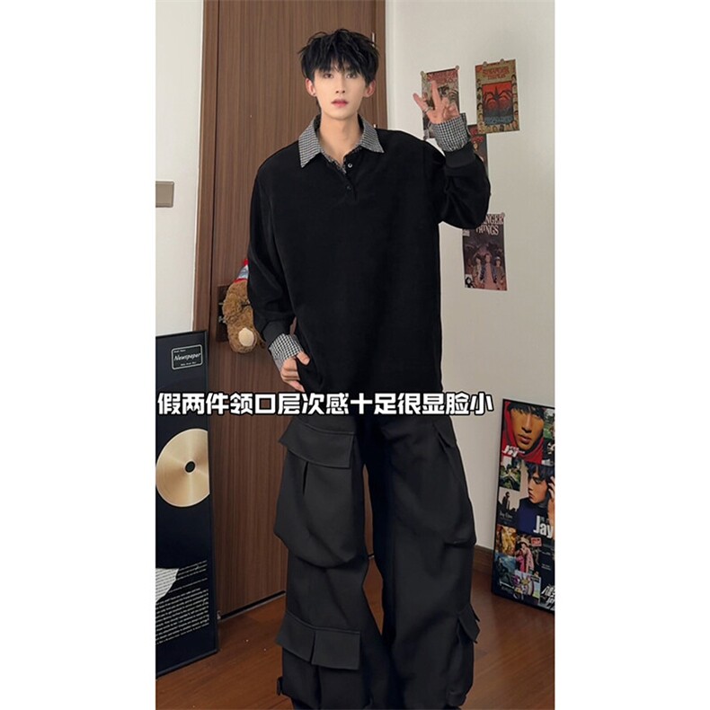 V领宽松休闲简约百搭上衣日系流行学院风条纹假两件卫衣HY713TP48，男装卫衣，电商A102B