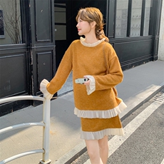小香风针织木耳边拼接套装裙女春秋2025新款小个子两件套超火流行，女装套装/套裙，2C262