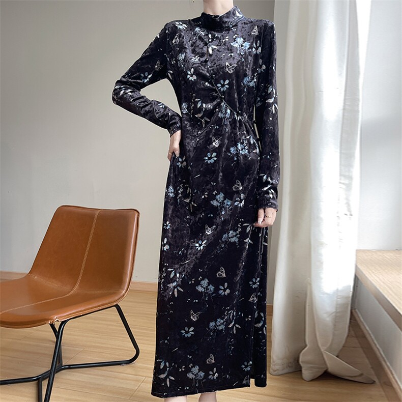 金丝绒羽毛旗袍2024年秋季时尚套头中长款连衣裙,女装连衣裙,圣丽羊绒