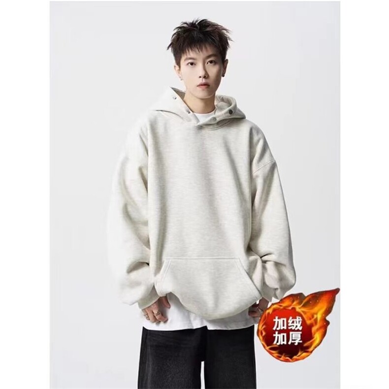 E08-P33复古纽扣连帽卫衣潮牌秋冬男女重磅加绒美式宽松纯色,男装T恤,电商B323A