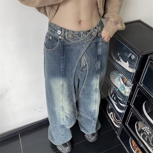 美式高街复古重工做旧水洗牛仔裤男解构拼接设计直筒阔腿长裤图片