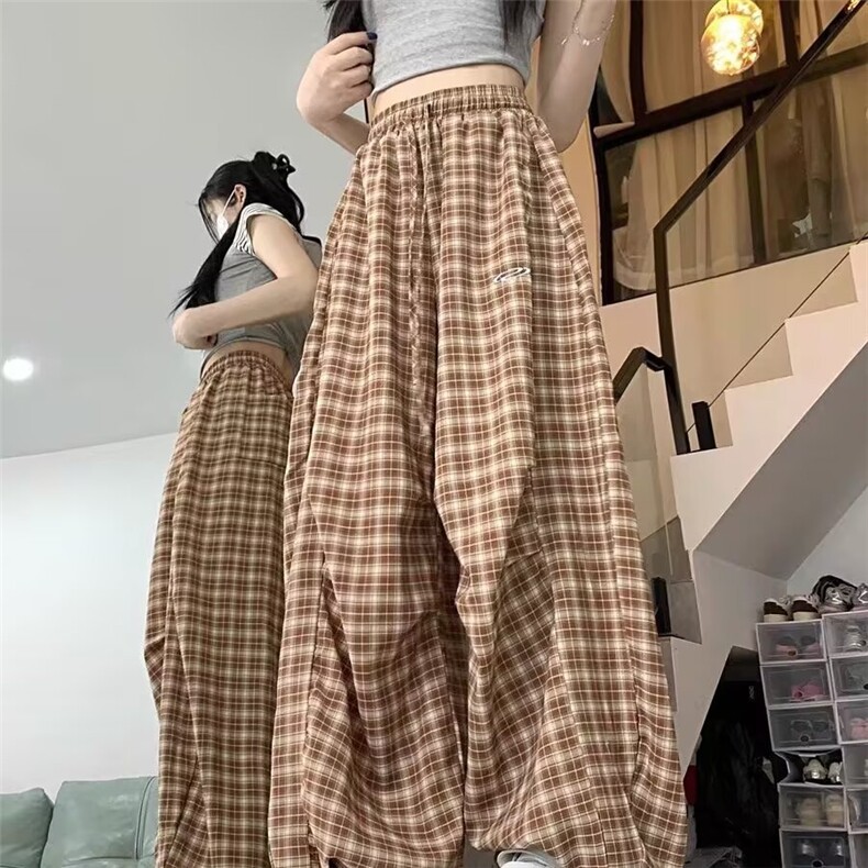 港式复古格子撞色褶皱休闲裤女夏季新款宽松直筒束脚两穿阔腿长裤,男装休闲裤,星座516A
