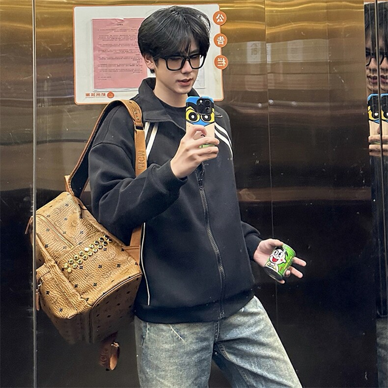 抖音得物高品质二开25秋冬美式重磅结构织带撞色立领卫衣外套W70，男装卫衣，电商A486