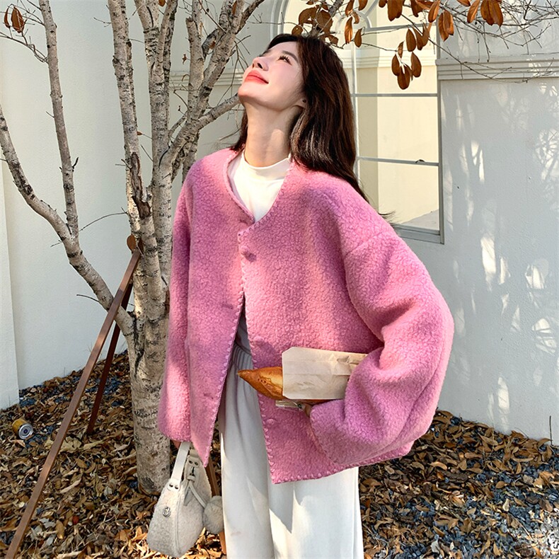 现货玫红色羊羔毛外套2C007-177-P195-k288,女装棉衣/棉服,2C007