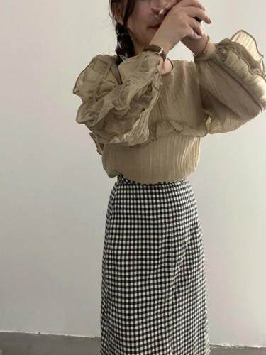 拼接丝瓜袖波浪纹上衣，其它，新袖