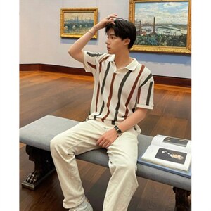 夏季粗针镂空针织衫男士潮牌时尚条纹撞色毛织休闲短袖polo衫图片