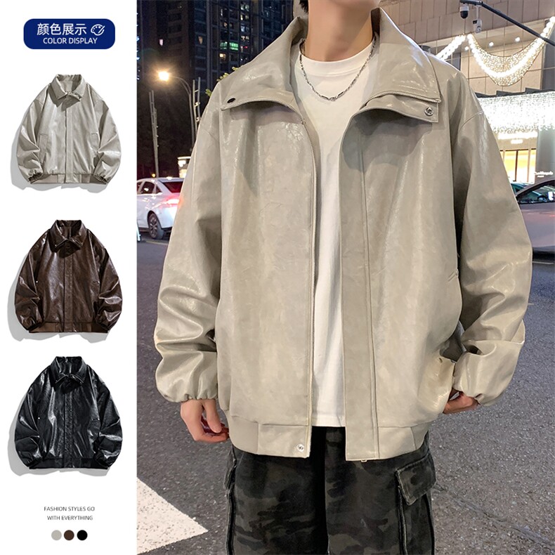 春季潮牌皮衣美式复古情侣翻领PU皮休闲宽松皮夹克外套JK0263-P78图片