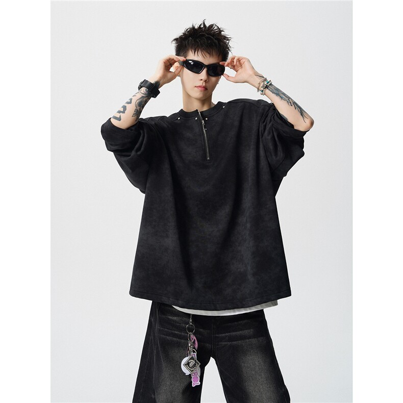 WY10147-特P36控68重磅扎染正肩铆钉半拉链大码休闲卫衣男,男装卫衣,电商A059
