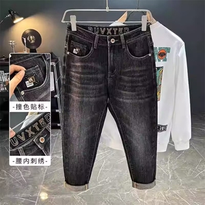 1506-1/KT11301/P49男牛仔裤时尚绣流百搭港风修身直筒弹力长裤男