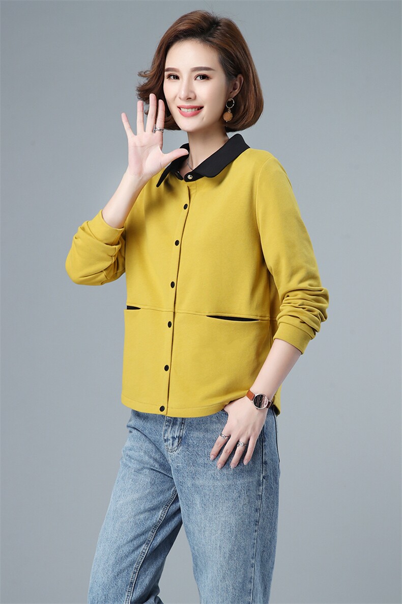 秋季短款外套polo领2021新款修身显瘦单排扣拼色上衣40-49周岁,女装短外套,伊满意
