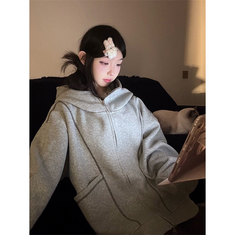 抖音得物高品质秋冬美式高街重磅结构辑明线纹理连帽卫衣外套W111,女装短外套,电商A486-1