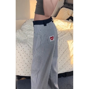 美式复古爱心刺绣竖条纹休闲裤男女小众宽松休闲阔腿拖地长裤气质图片