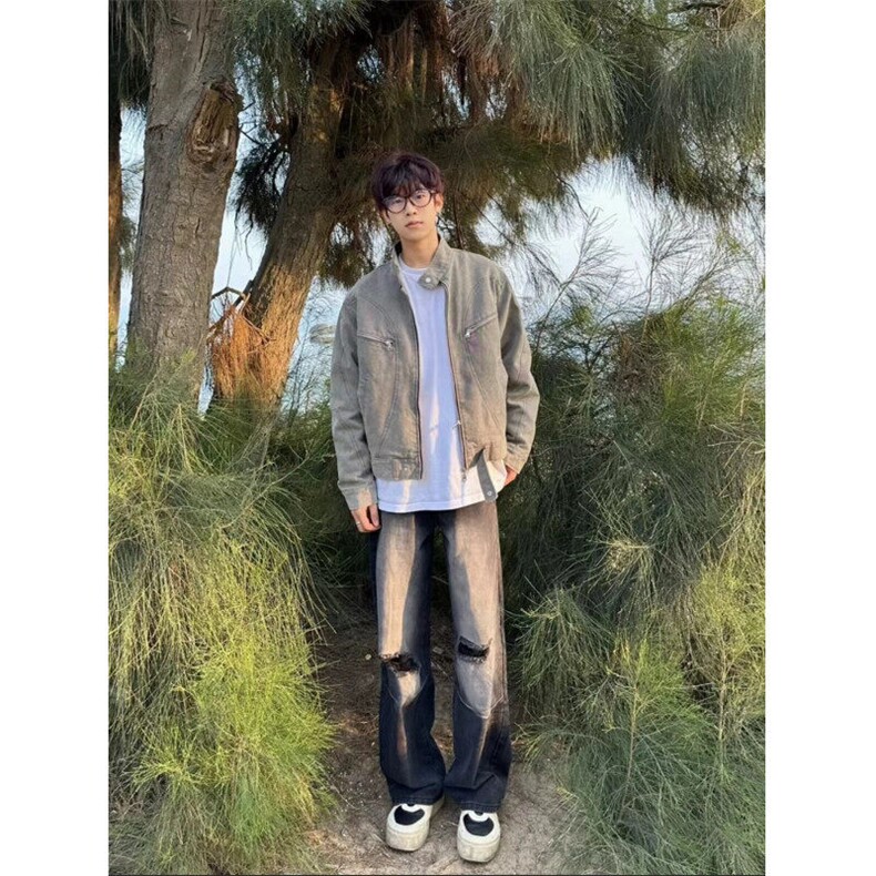 美式复古灰色短款外套男秋季水洗底特律工装夹克牛仔衣-W933-p75,男装夹克,星座601-1