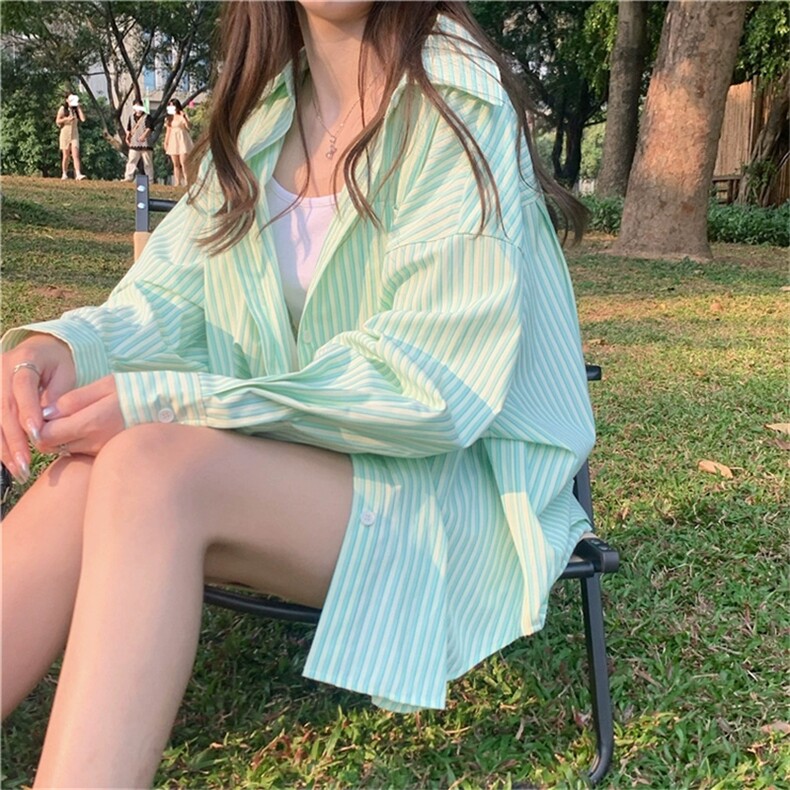 TC692-P45高级感绿色防晒条纹衬衫设计感小众中长款上衣,女装衬衫,星座617A-2