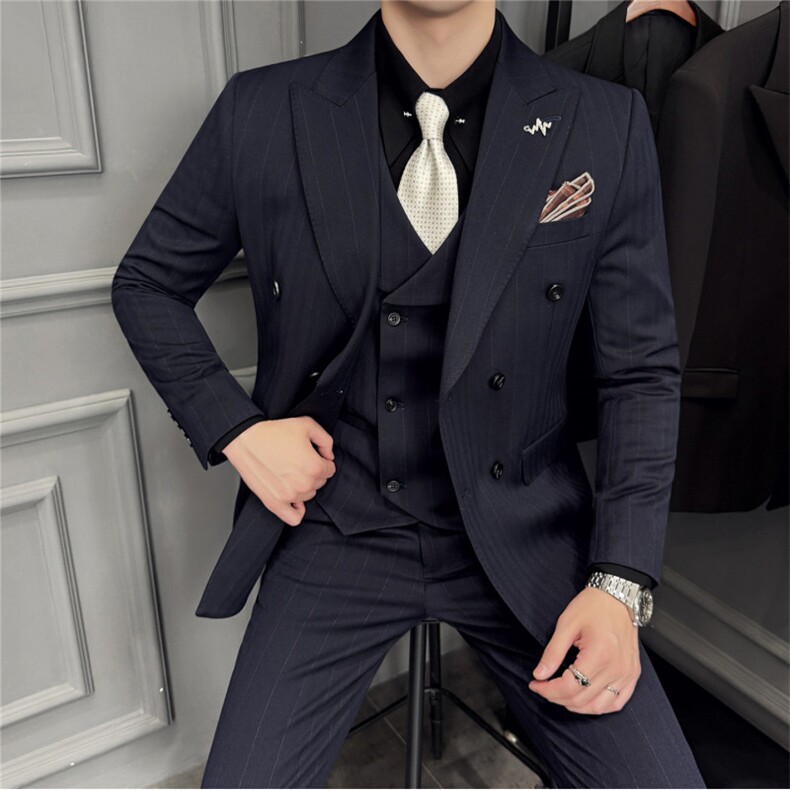 羊毛厚款条纹西服三件套高品质毛呢西装套装男灰色SJT8069-P325,男装西服套装,电商A213
