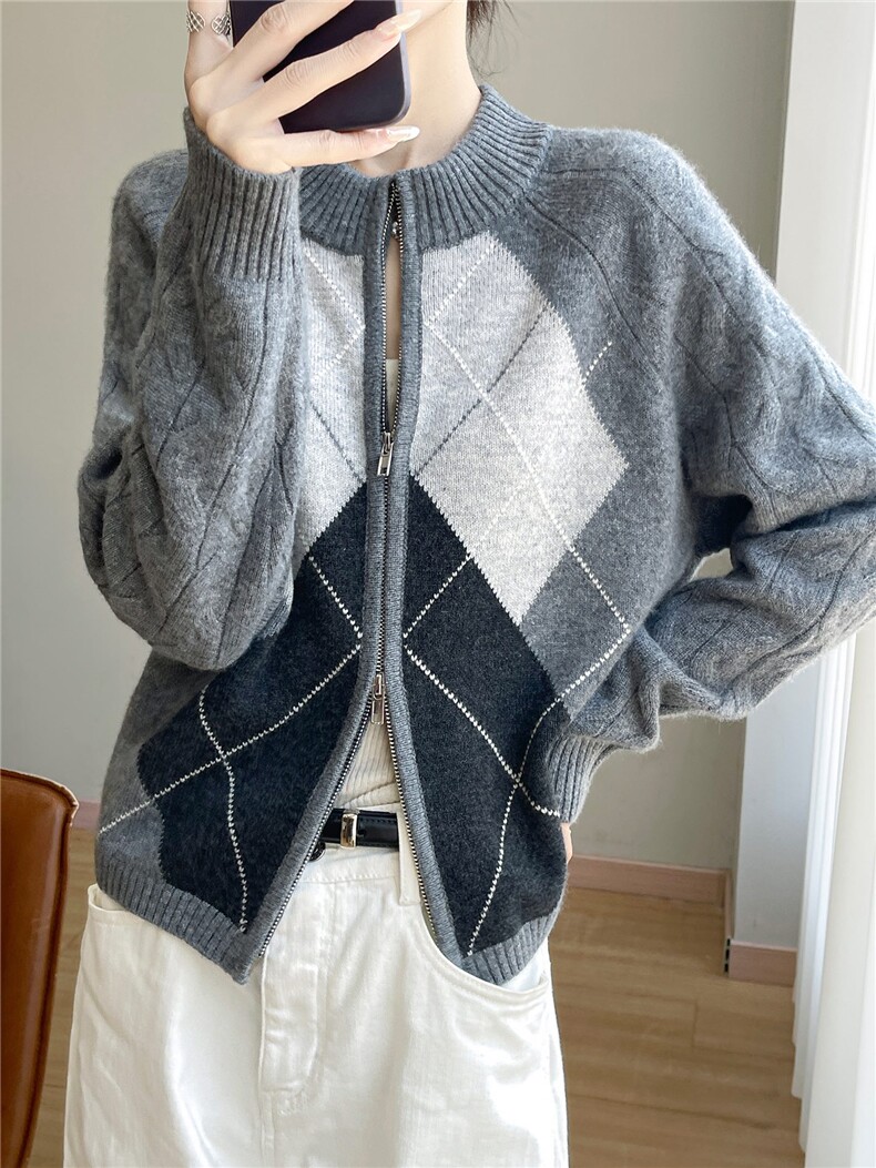 2025年秋季新款加厚菱形格拼接针织外套，女装羊毛衫，科源羊绒