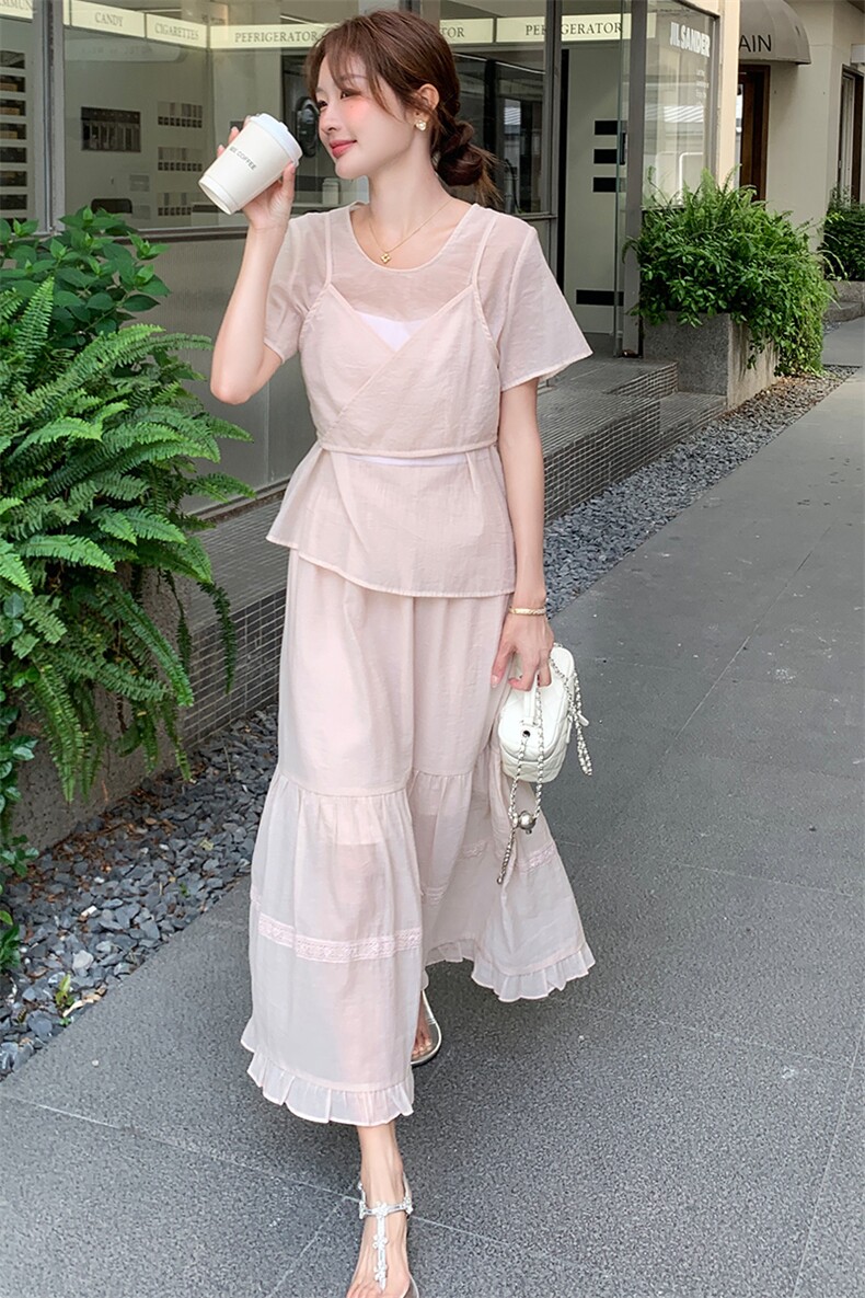 高端时尚套装裙女2025夏季新款洋气宽松系带收腰小衫吊带裙套装,女装套装/套裙,幸运星