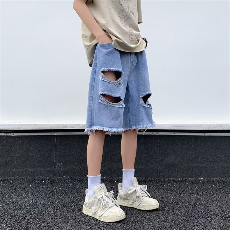 高街复古牛仔破洞短裤女夏季设计感小众宽松直筒五分裤子N3232,男装牛仔裤,星座1116A-1（原606A）
