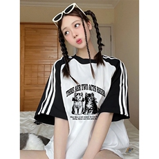 夏季美式高街重磅纯棉三条杠织带插肩撞色男女短袖T恤CZ73-特P25，男装T恤，电商A486