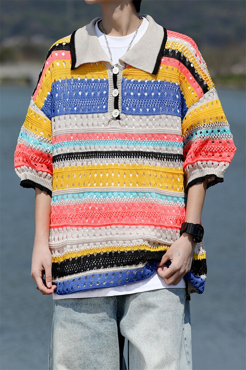 8XL-M特大码美式复古条纹撞色针织POLO衫翻领休闲短袖TDX311P35,男装T恤,电商D206-1