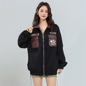 2026春季新款港风美式狮子毛巾刺绣翻领拼皮口袋外套 JK1410-P85图片