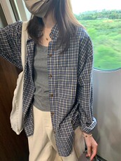 蓝色格子休闲百搭慵懒风宽松显瘦防晒上衣衬衣，女装衬衫，湘姗