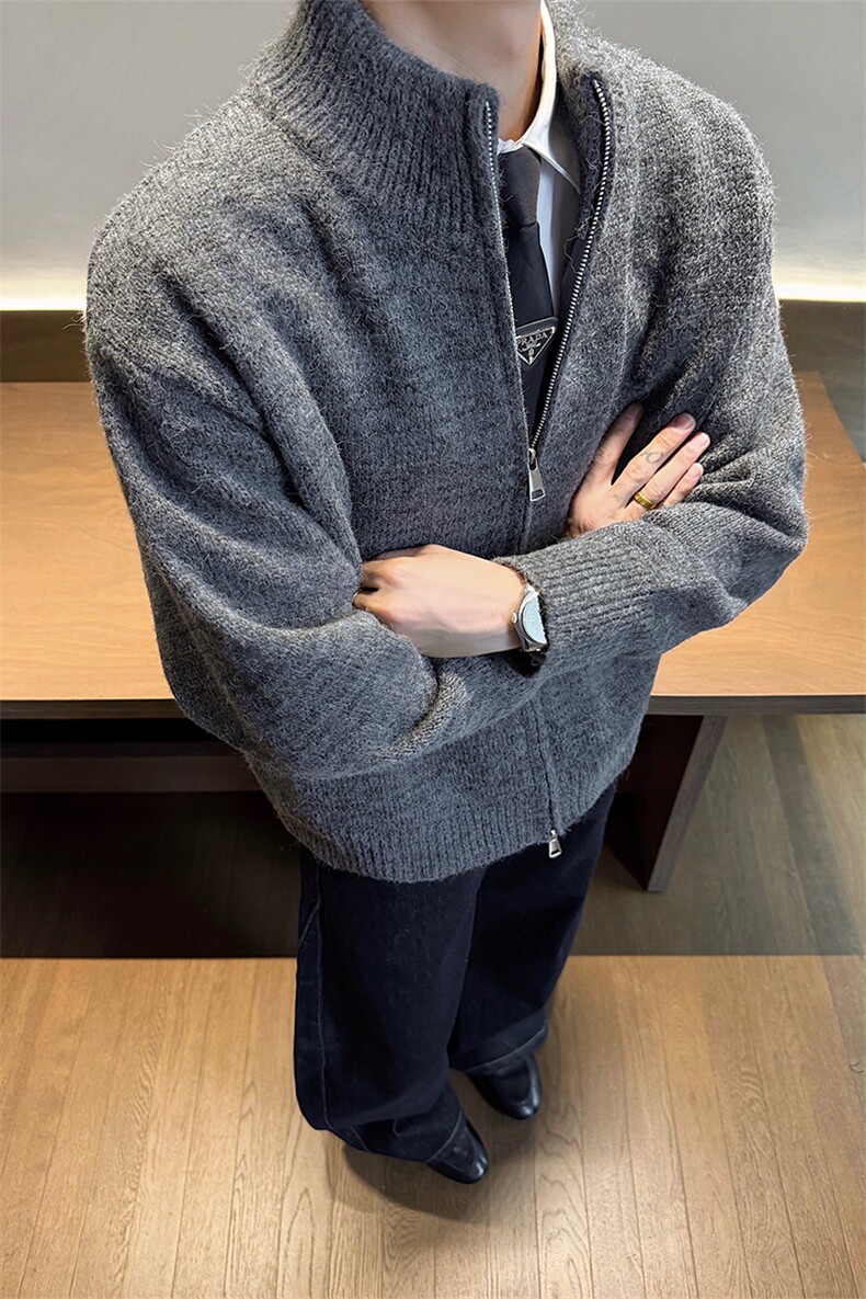 双拉链针织开衫日系慵懒风毛衣半高领外套男5Q3070-TP65128,男装针织衫/毛衣,电商A102