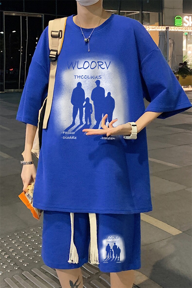 套装！夏季华夫格套装男T恤短裤男两件套大码港风TZ50-P50,男装休闲套装,电商B367