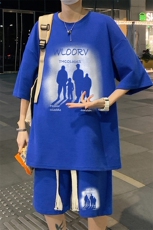 套装！夏季华夫格套装男T恤短裤男两件套大码港风TZ50-P50，男装休闲套装，电商B367