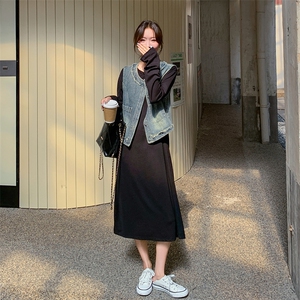 设计感黑色连衣裙马甲套装女2025年春秋季新款韩版显瘦长裙两件套图片
