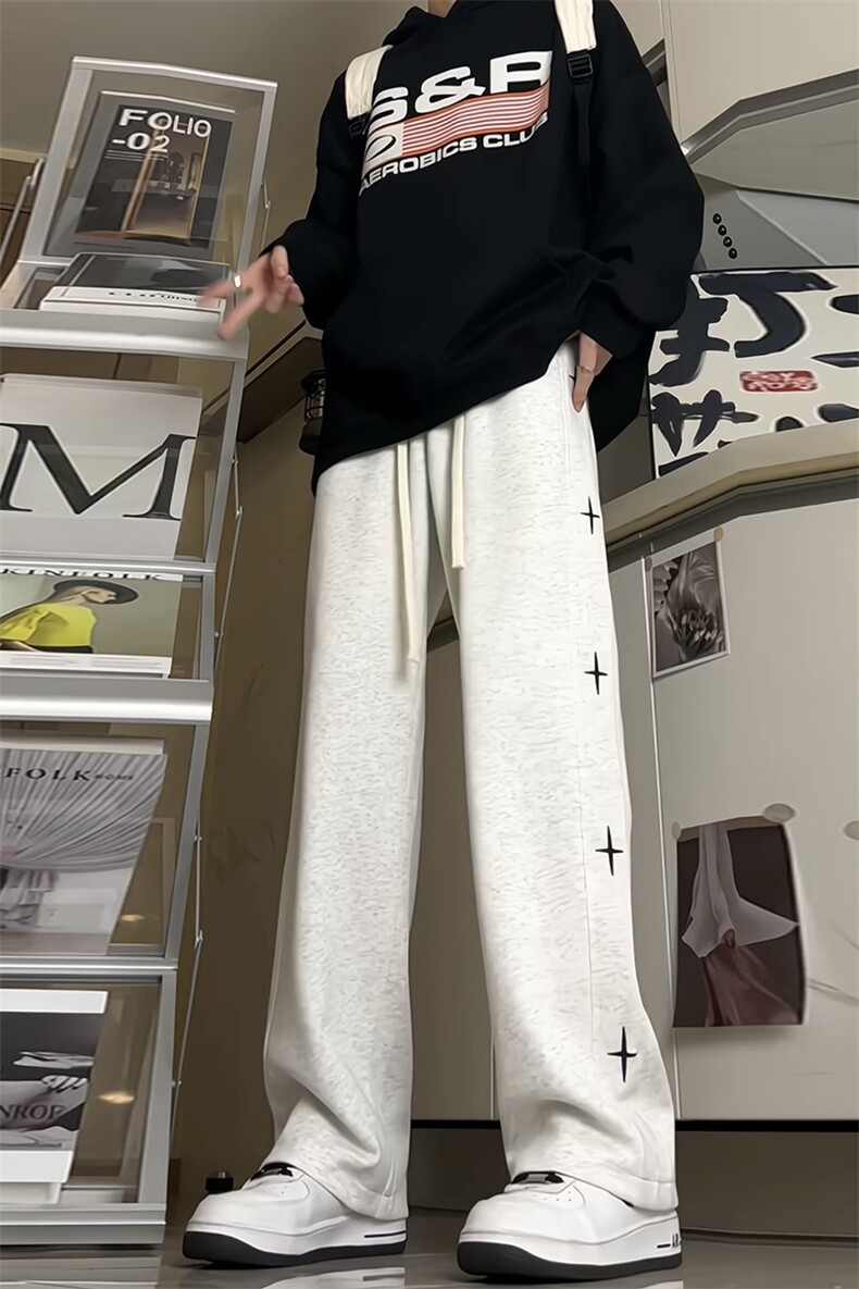 灰色加绒卫裤男秋冬季加绒美式潮牌刺绣星星运动休闲裤hiphop裤子,男装休闲裤,四季星座806