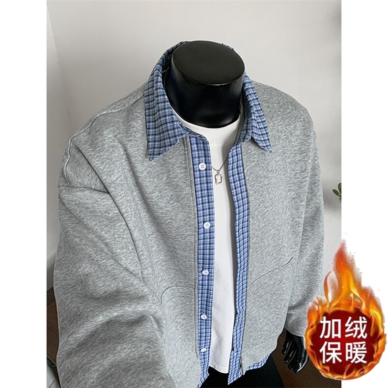 假两件格子拼接外套男2025新款秋季美式重磅卫衣cleanfit开衫夹克图片