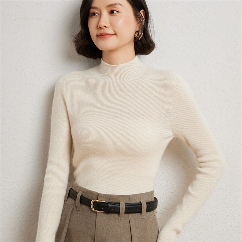 无缝一体抽条羊毛衫女100羊毛半高领高级感针织打底衫上衣毛衣,女装羊绒衫,臻维羊绒