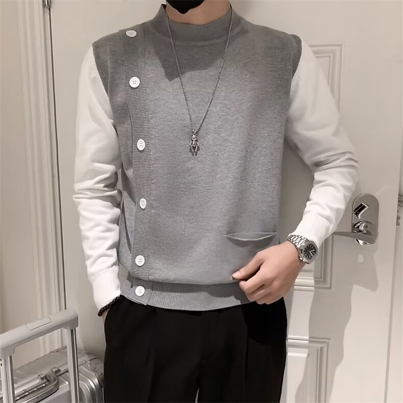纽扣装饰假两件毛衣男冬季修身半高领长袖针织衫中领打底衫S548,男装针织衫/毛衣,星座1116A-2（原606A-1）