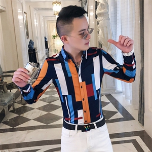 2021春秋衬衫社会男长袖上衣印花男装韩版修身四季潮流衬衣Q620-P55图片