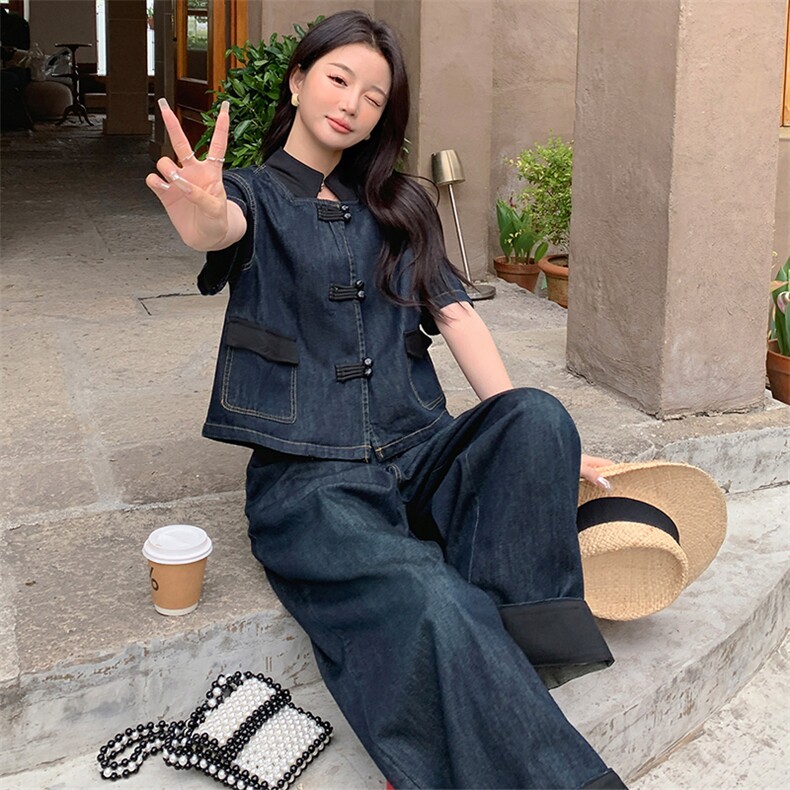 浅蓝色新中式国风牛仔套装初秋女2024新款炸街时尚阔腿裤两件套潮,女装套装/套裙,浙宝305