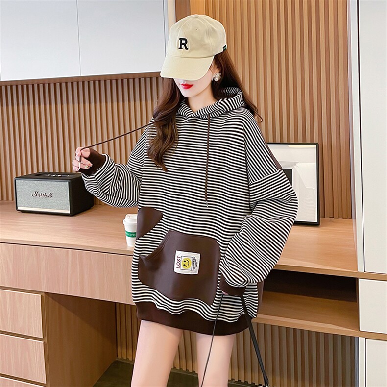 7614高品质朱地条纹复合加绒大码时尚新款百搭条纹卫衣女P50,女装卫衣/绒衫,星座309B-2