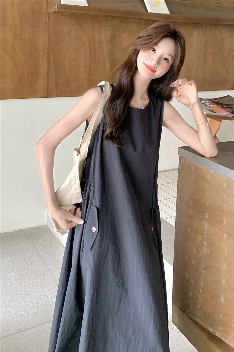 简约休闲显瘦背心连衣裙女2025年夏季新款韩系收腰无袖百搭长裙子,女装连衣裙,琦鑫阁（原依鑫阁）