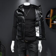 A590冬季新款男士羽绒外套连帽潮流亮面坎肩白鸭绒马甲，男装背心/马甲，钱塘2010-1