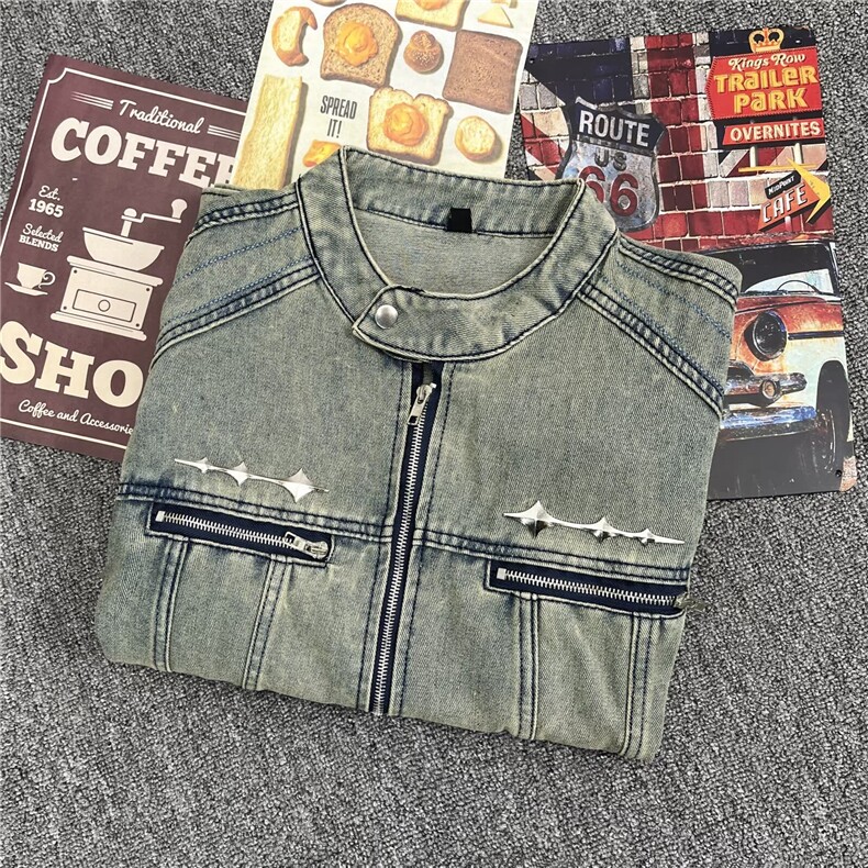 做旧水洗垫肩短款拼接牛仔外套男士复古金属拉链设计夹克A051/P75,男装夹克,星座506B