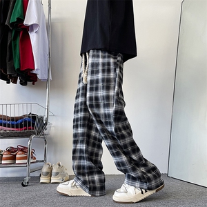 cleanfit黑白格子裤男秋季慵懒风垂感格纹裤子美式高街微喇直筒裤图片