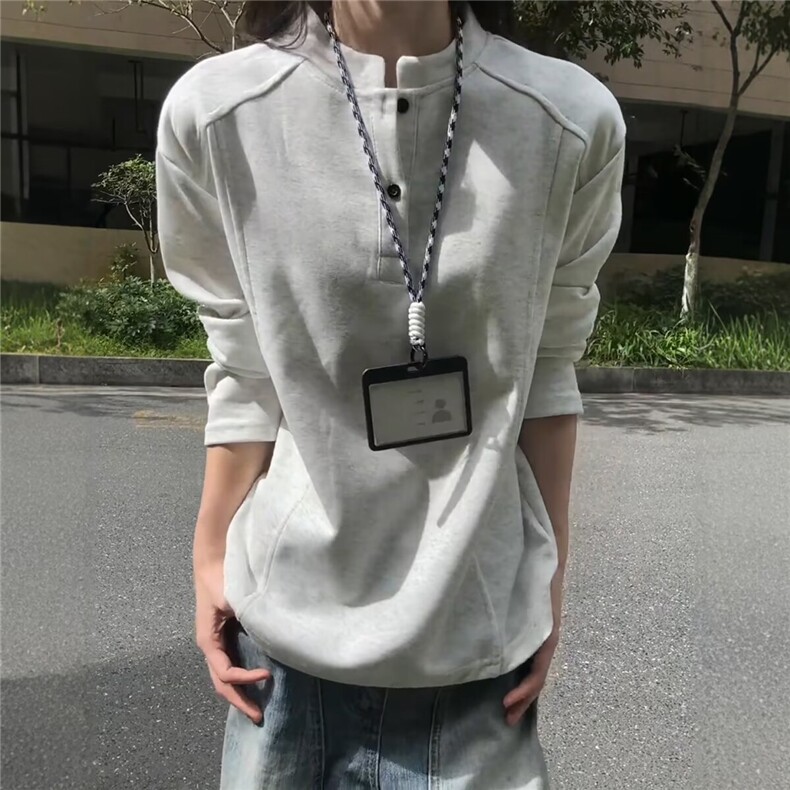 美式亨利领长袖t恤体恤衫男春秋季宽松休闲内搭打底衫上衣WYZ54图片