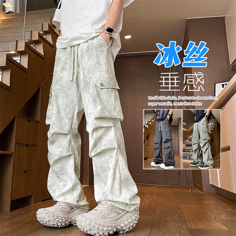 特批P40无差价夏季脏脏裤扎染工装裤冰丝褶皱阔腿拖地长裤男K1448图片