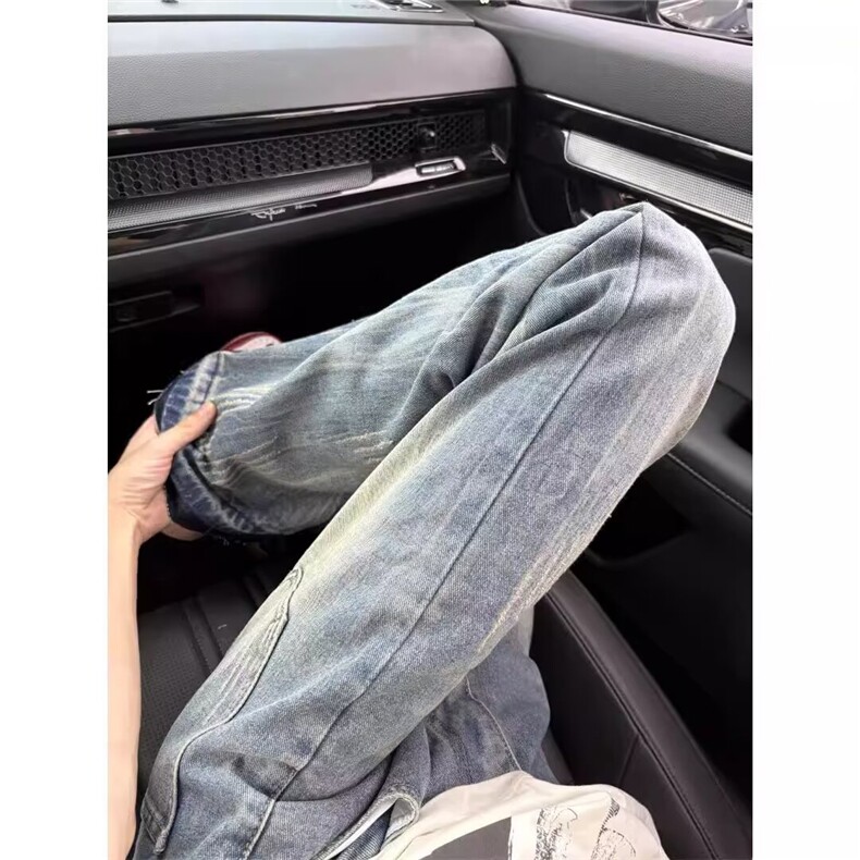 水洗蓝闪电纹牛仔裤男款夏季薄款美式高街vibe裤子高腰直筒微喇裤,男装牛仔裤,星座1008