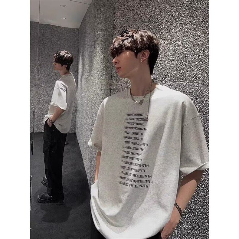 全棉常规纯色日常宽松型青少年落肩袖圆领ins潮牌印花短袖T恤,男装T恤,星座506A