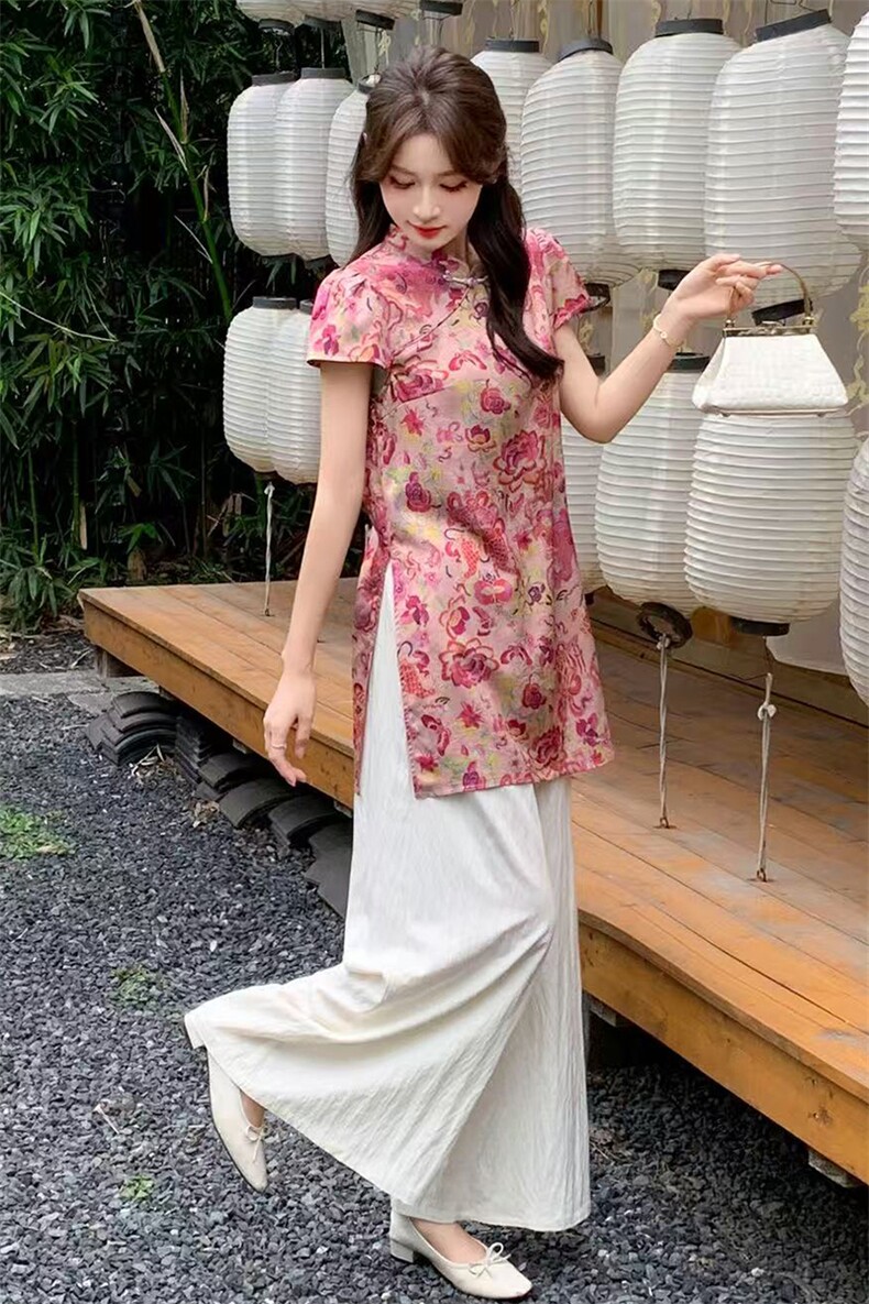 慕未家J夏装新款立领打褶中长上衣松紧腰短裤时尚国风套装熹58298,女装套装/套裙,玖莱伊