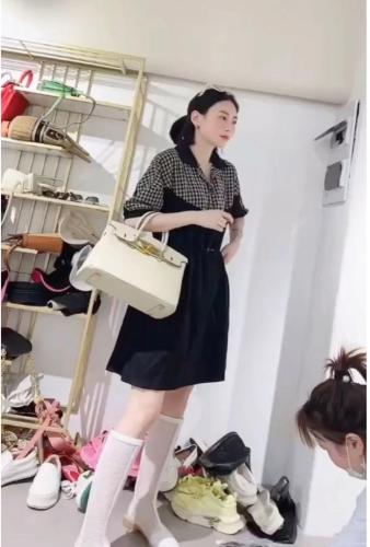 ZCL613欧洲站2021夏季新款欧货洋气拼接格子抽绳连衣裙,女装连衣裙,L·H·X