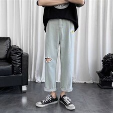 破洞牛仔裤春夏薄款宽松直筒阔腿裤G3005P38图片