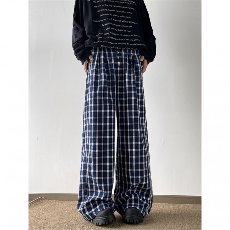 蓝色格子休闲裤男女韩版潮流阔腿宽松2024秋冬ins长裤K5792-P51,男装休闲裤,星座412-2