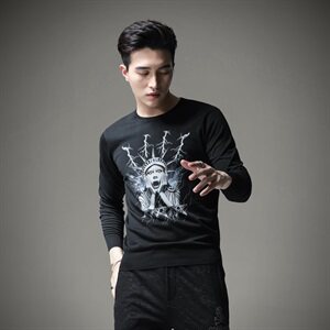 秋冬羊毛衫手绘印花薄长袖毛衣圆领打底针织衫S9919,男装针织衫/毛衣,天晨